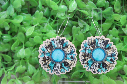 Turquoise & Cow Sunflower Dangle Earrings