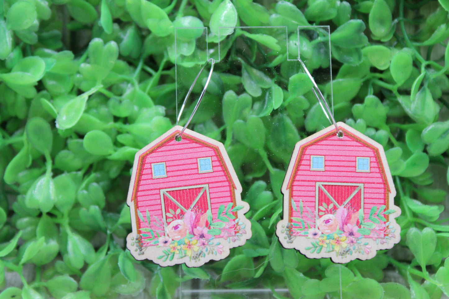 Pink Floral Barn Dangle Earrings