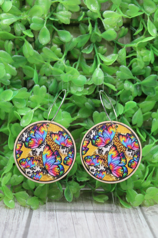 Tie Dye Butterfly Circle Wood Hoop Dangle Earrings