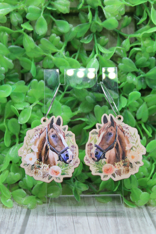 Floral Horse Wood Hoop Dangle Earrings