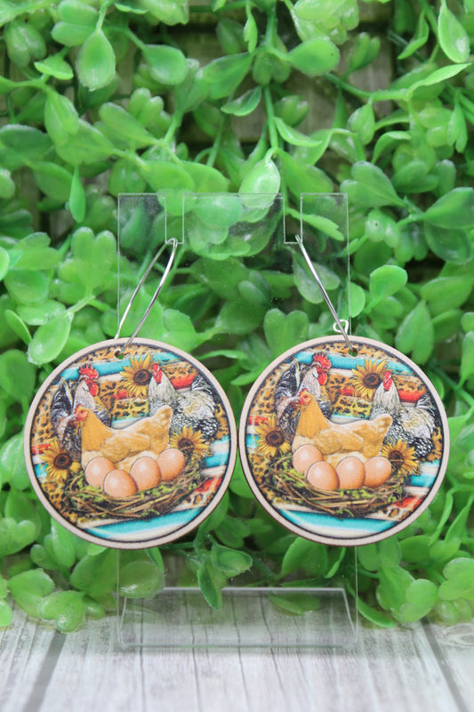 Chickens & Eggs Circle Wood Hoop Dangle Earrings