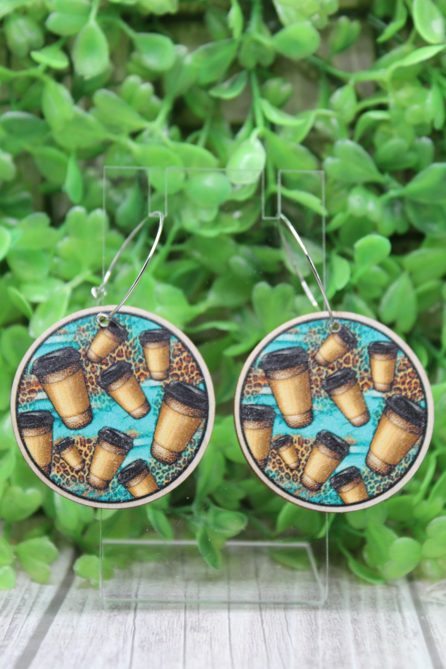 Coffee Cups Wood Circle Hoop Dangle Earrings