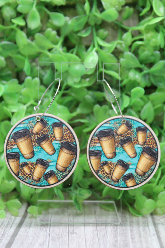 Coffee Cups Wood Circle Hoop Dangle Earrings