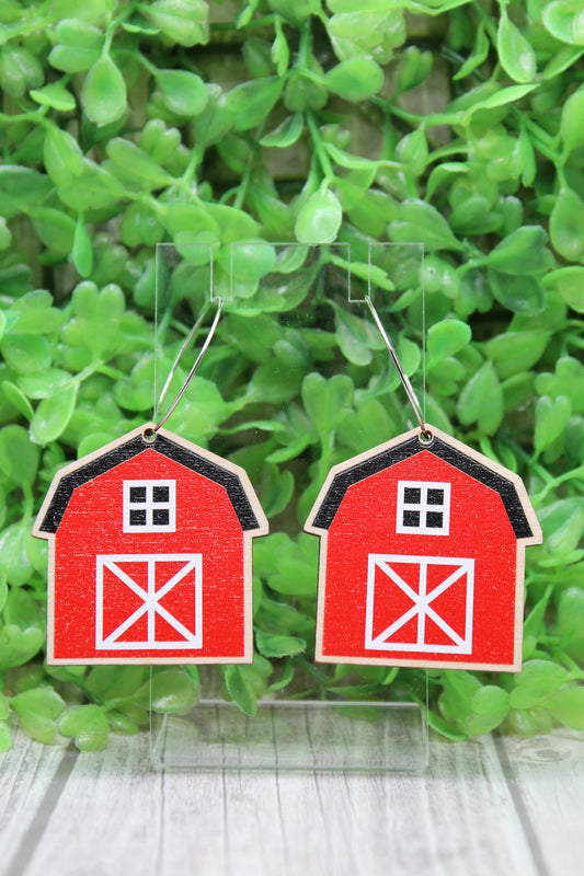 Red Barn Wood Hoop Dangle Earrings
