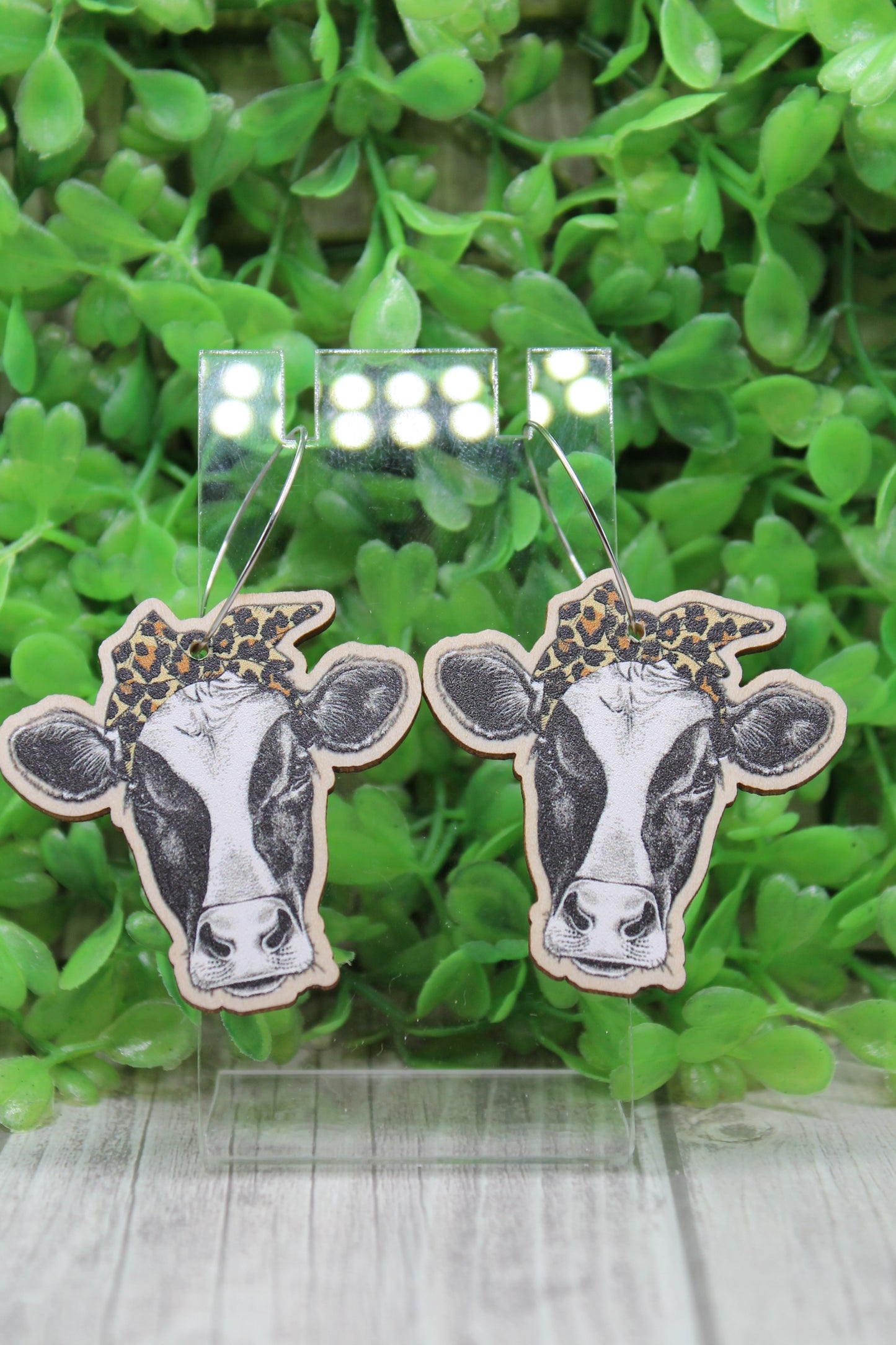 Leopard Headband Cow Wood Hoop Dangles Earrings
