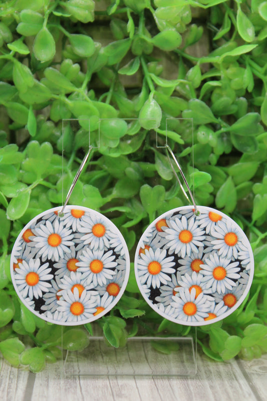White Daisies Circle Hoop Dangle Earrings