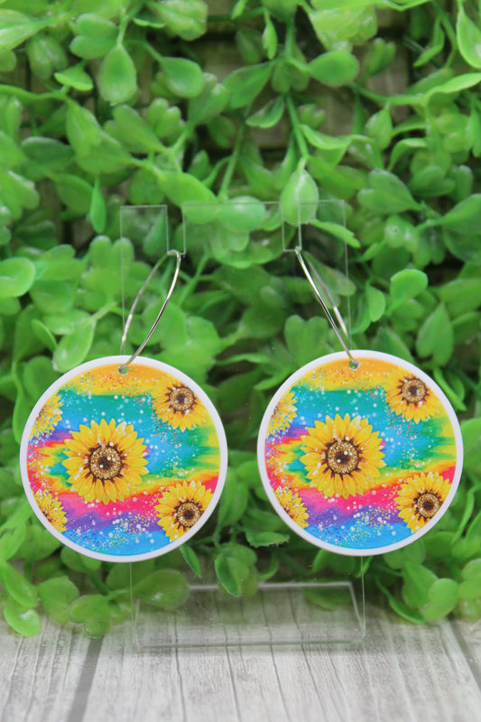 Tie Dye Sunflower Circle Hoop Dangle Earrings