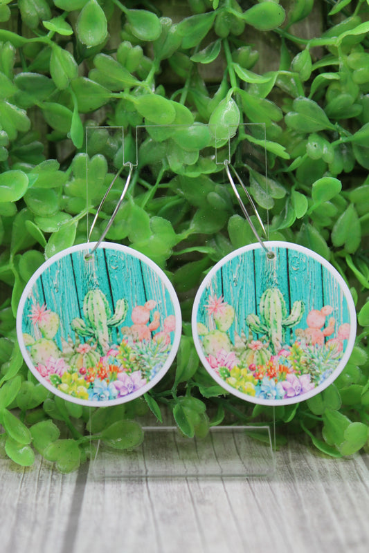 Cactus on Barnwood Circle Hoop Dangle Earrings