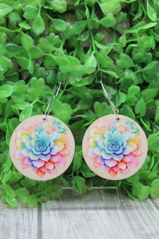 Colorful Succulent Wood Circle Hoop Dangle Earrings