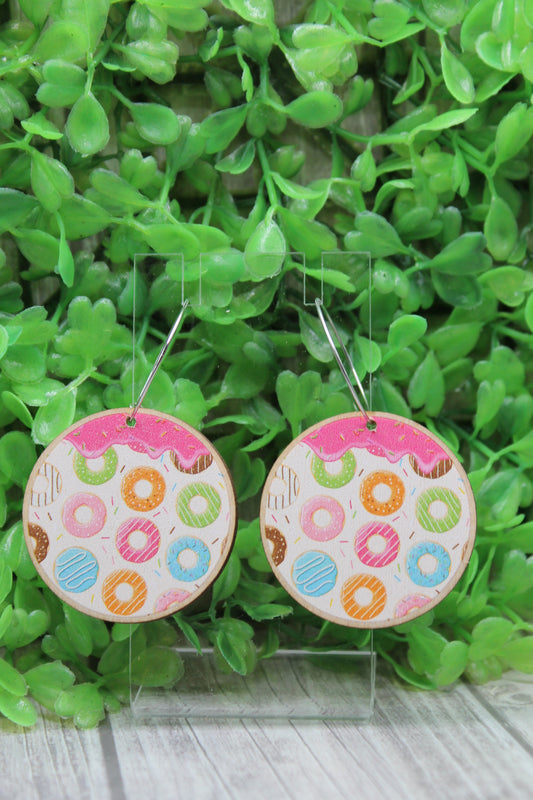 Donuts Wood Circle Hoop Dangle Earrings