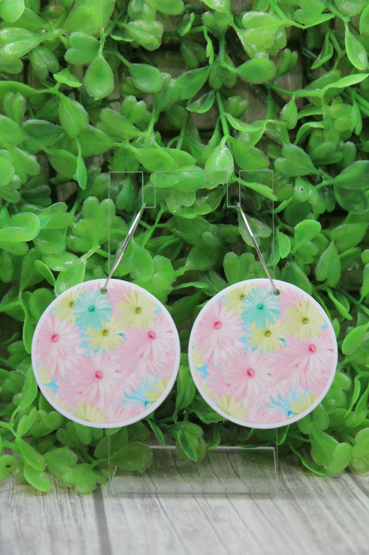 Pastel Daisy Circle Hoop Dangle Earrings