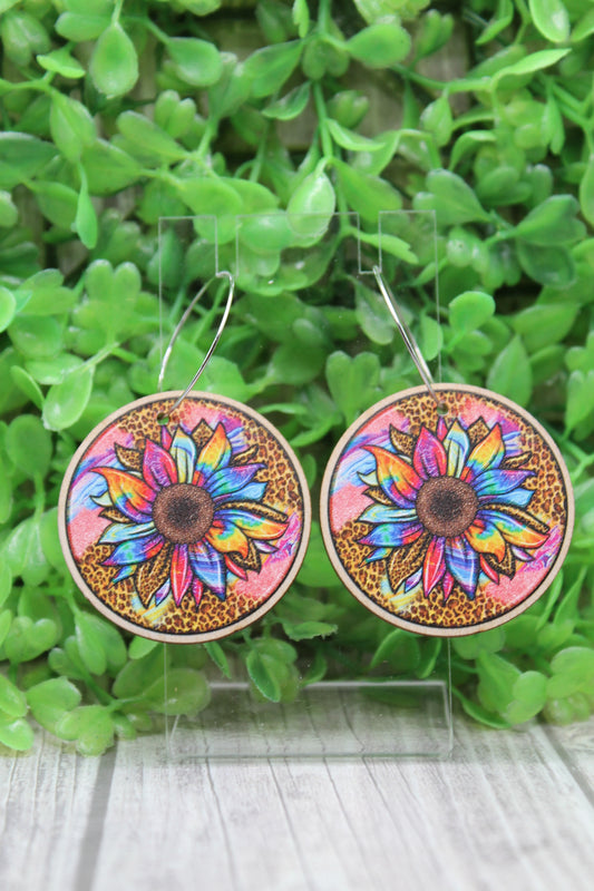 Tie Dye & Leopard Sunflower Wood Circle Hoop Dangle Earrings