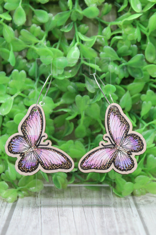 Purple Butterflies Wood Hoop Dangle Earrings