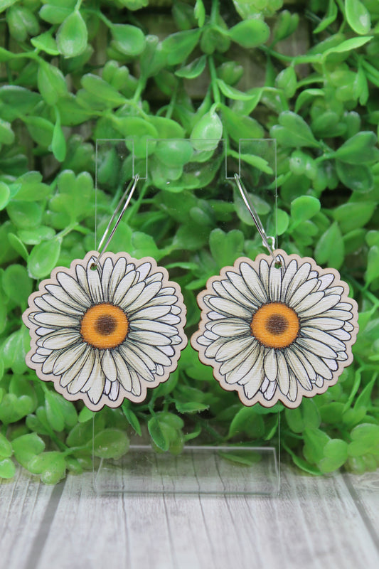 White Daisy Cutout Wood Hoop Dangle Earrings