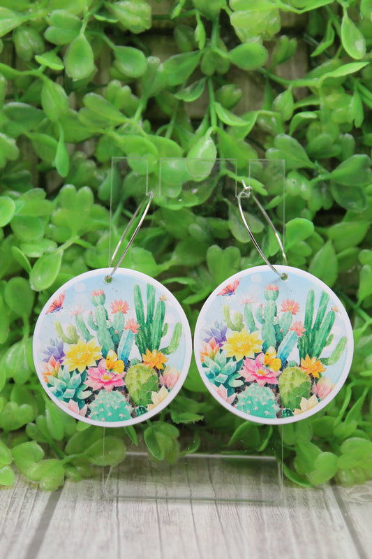 Flowering Cactus Circle Hoop Dangle Earrings