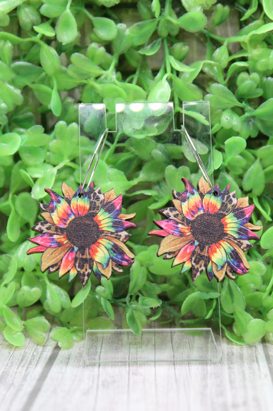 Tie Dye & Leopard Sunflower Cutout Wood Hoop Dangle Earrings