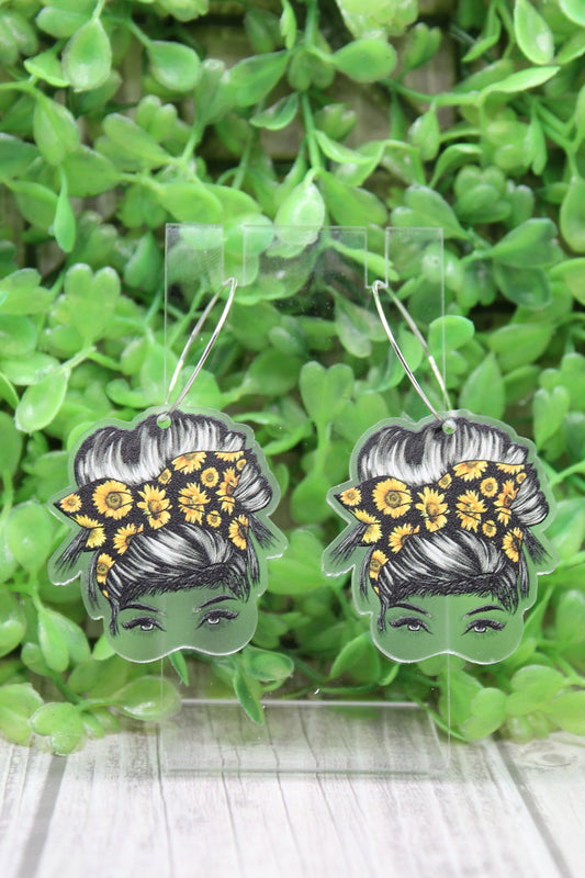 Sunflower Messy Bun Lady Hoop Dangle Earrings