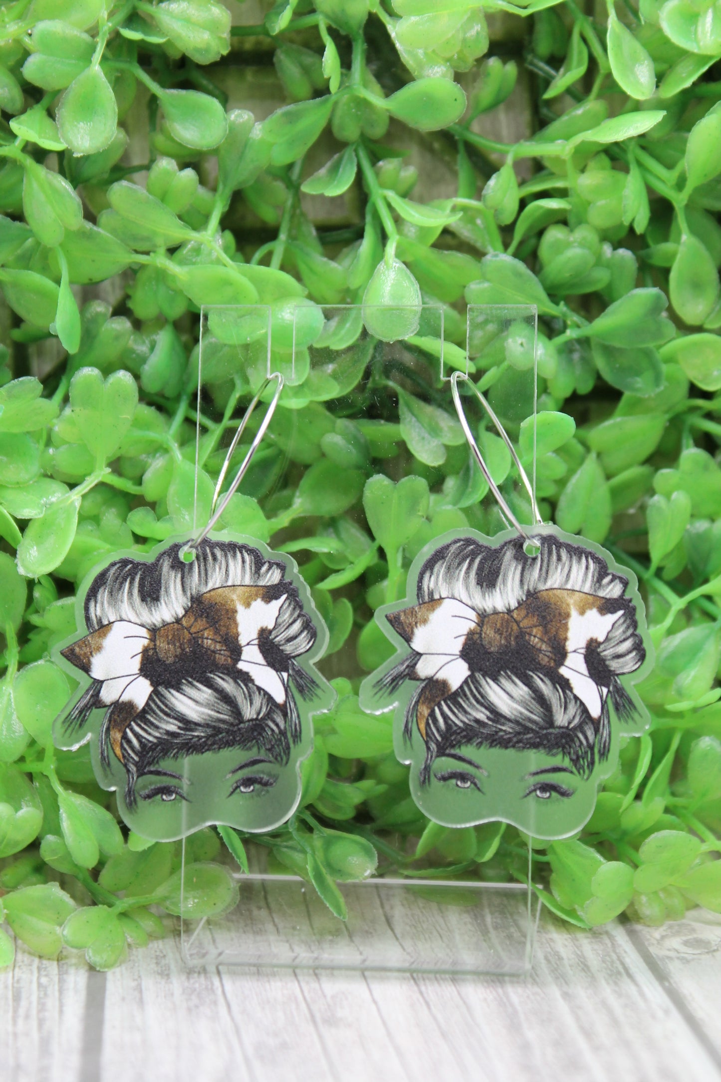 Brown Cow Spot Messy Bun Lady Hoop Dangle Earrings