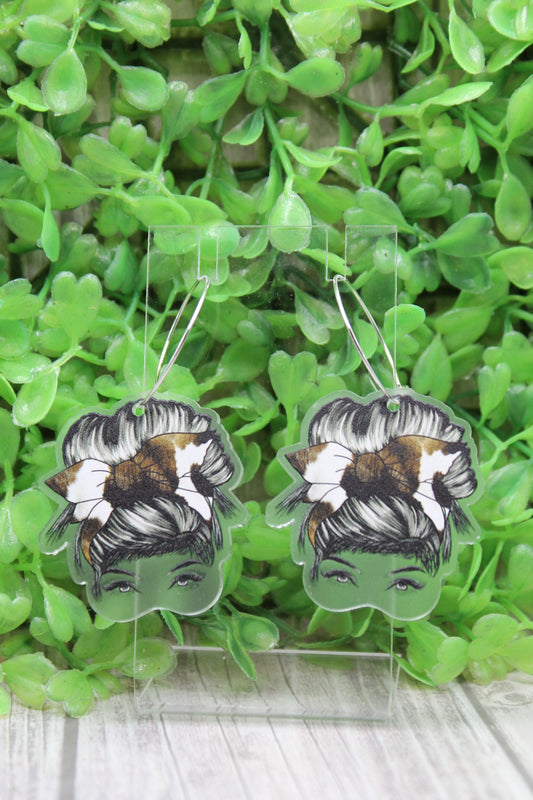 Brown Cow Spot Messy Bun Lady Hoop Dangle Earrings