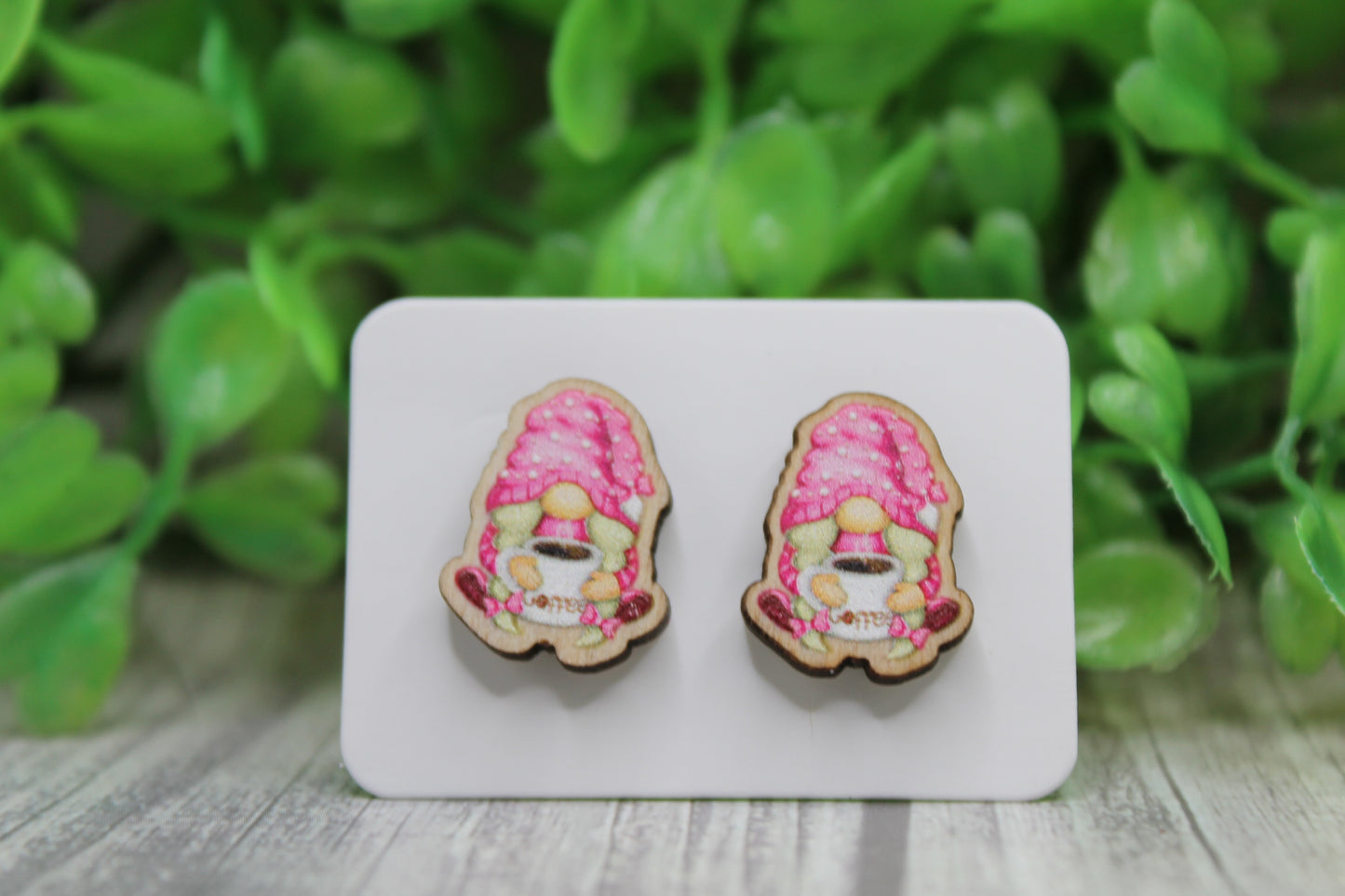 Pink Coffee Gnome Wood Stud Earrings