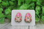 Pink Coffee Gnome Wood Stud Earrings