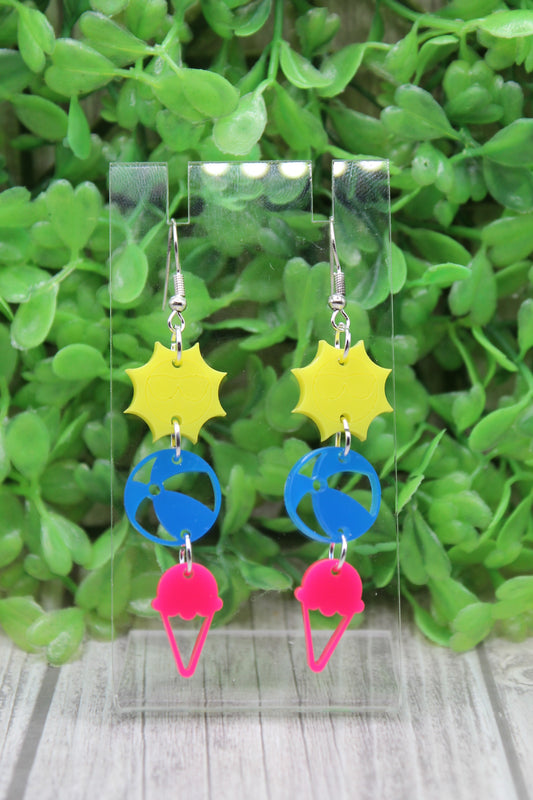 Sun Beach Ball Ice Cream Cone Summer Fun Trio Dangle Earrings