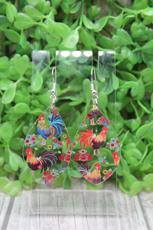 Floral Roosters Dangle Earrings