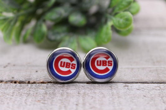 Baseball Chicago Cubs 12mm Glass Stud Earrings || Hypoallergenic