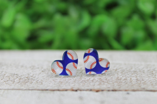Baseball Patterned Heart Stud Earrings