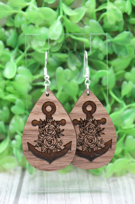 Floral Anchor Teardrop Wooden Dangle Earrings