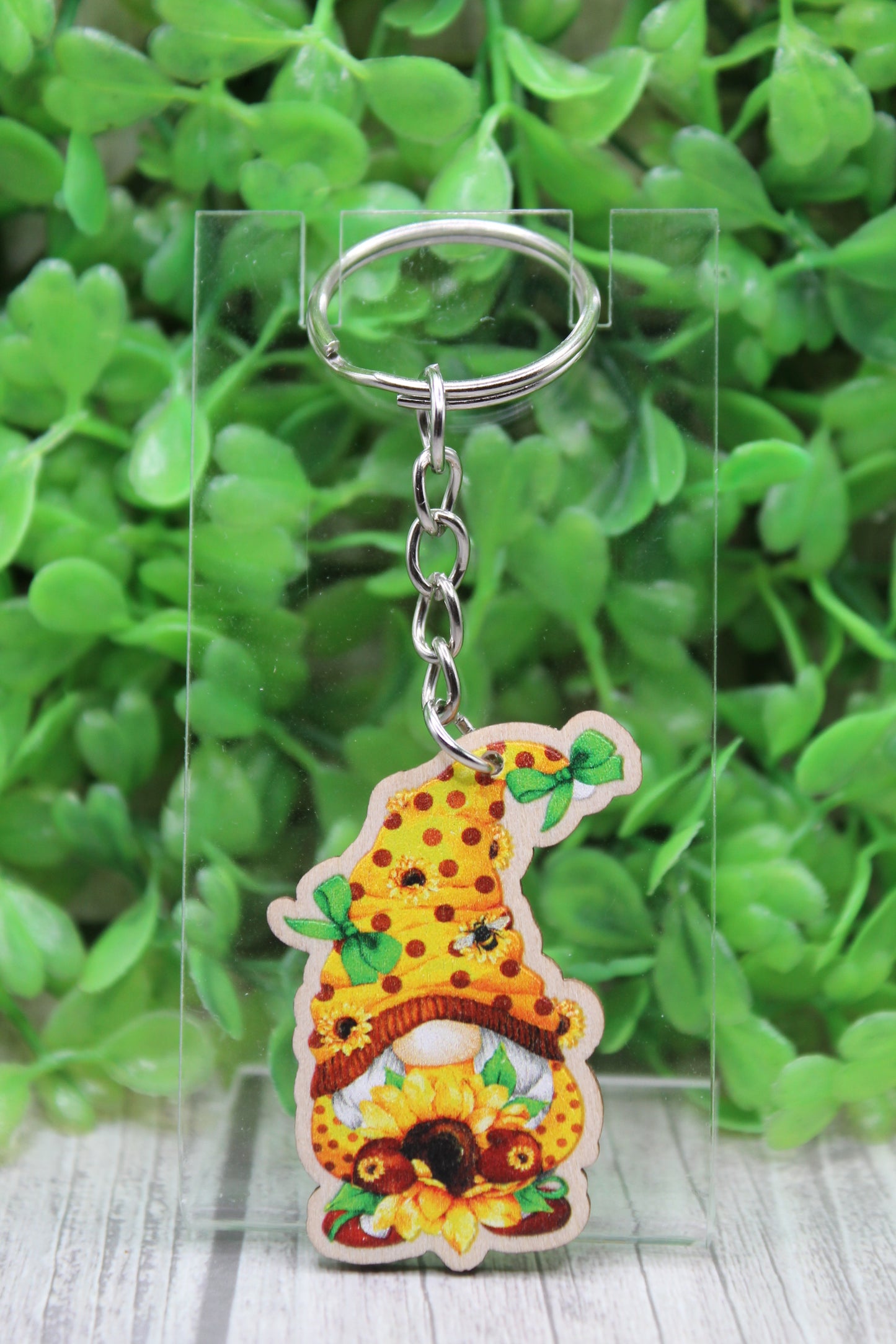 Sunflower Gnome Wooden Keychain