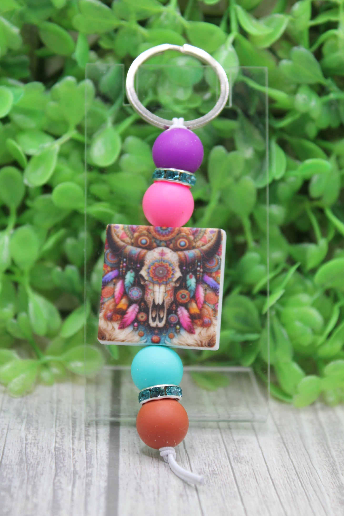 Colorful Steer Skull Bead Keychain