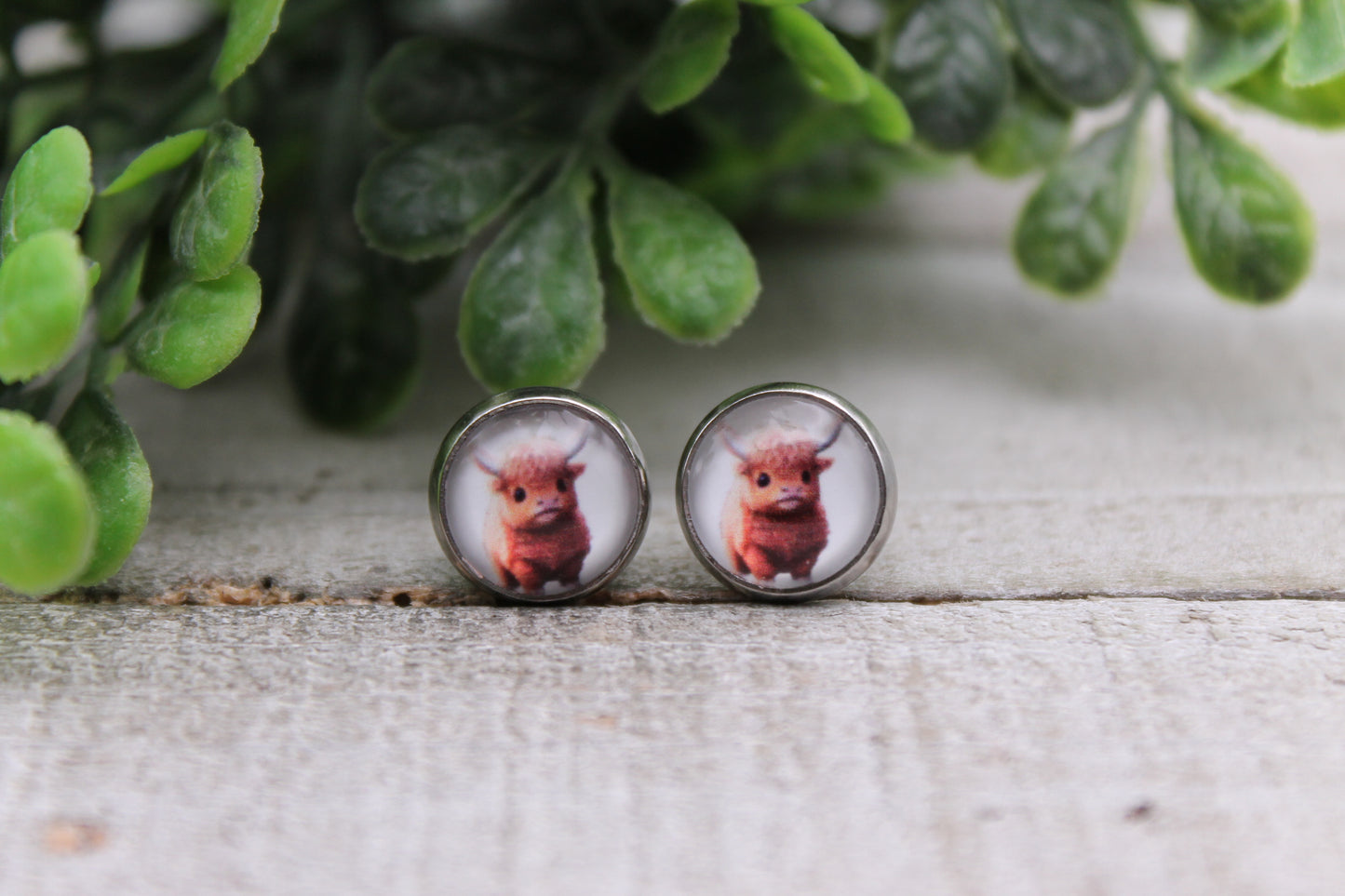 Highland Cow || 10mm *Mini* Glass Stud Earrings || Hypoallergenic