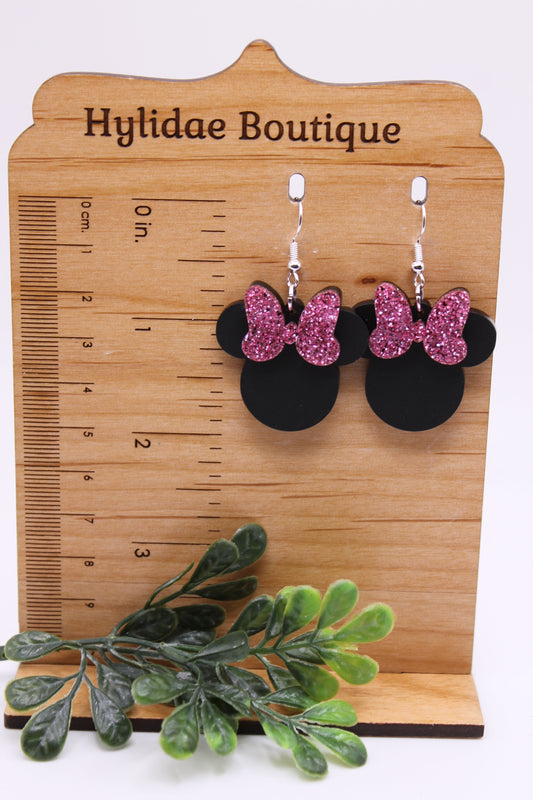 Pink Glitter Bow Mouse || Dangle Earrings