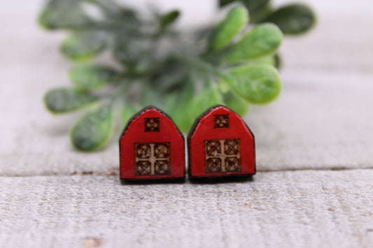 Red Barns || Wood Stud Earrings || Hypoallergenic