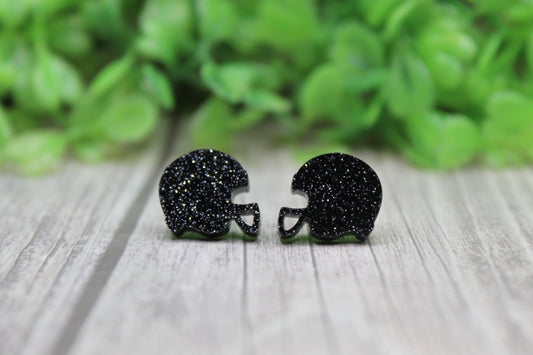 Black Glitter Football Helmet Stud Earrings