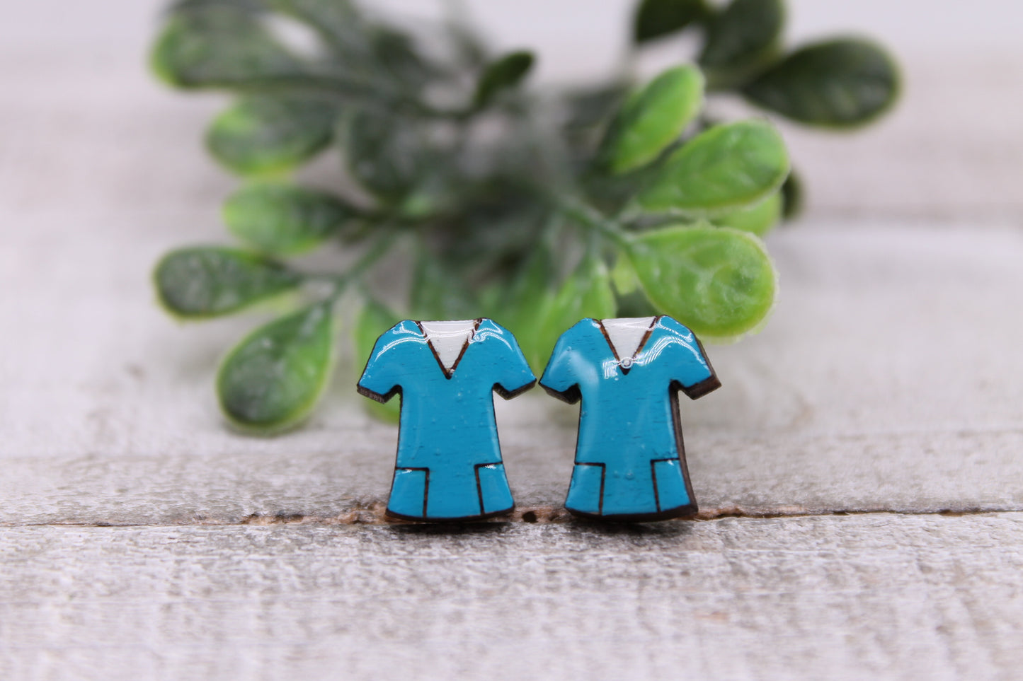 Blue Scrub Tops || Wood Stud Earrings || Hypoallergenic