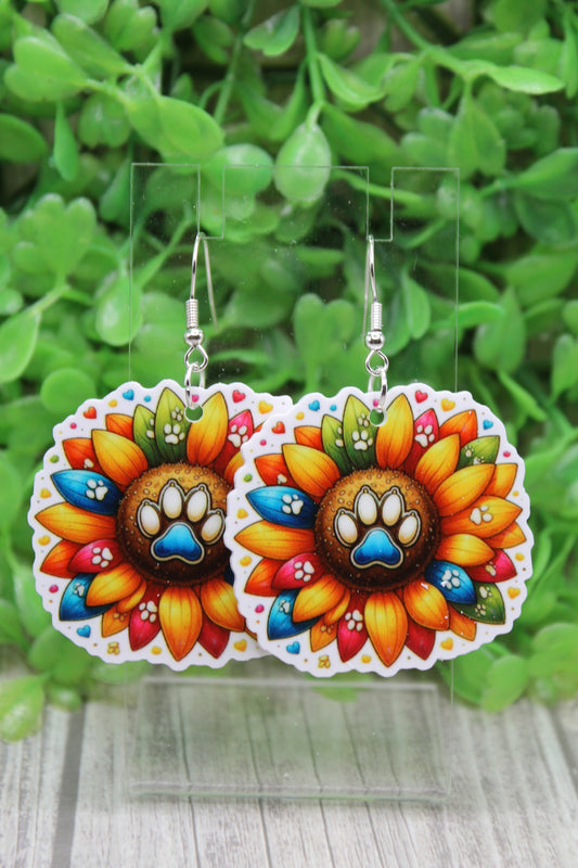 Paw Print Colorful Sunflower Dangle Earrings