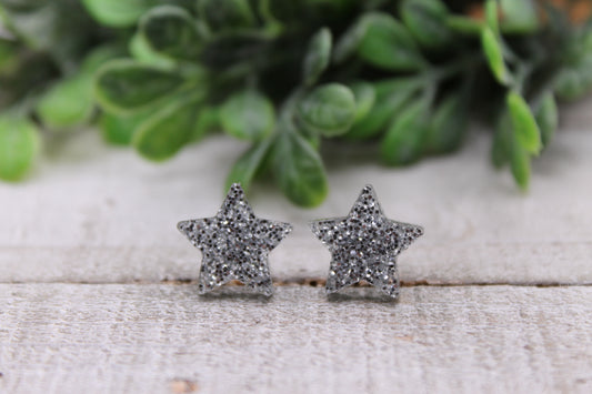 Silver Glitter Stars || 12mm Stud Earrings || Hypoallergenic