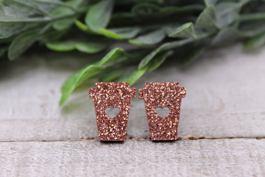 Brown Glitter Coffee Cup with Heart || 14mm Stud Earrings || Hypoallergenic