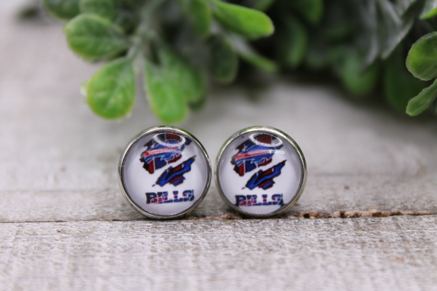 Buffalo Bills Distressed Football || 12mm Glass Stud Earrings || Hypoallergenic