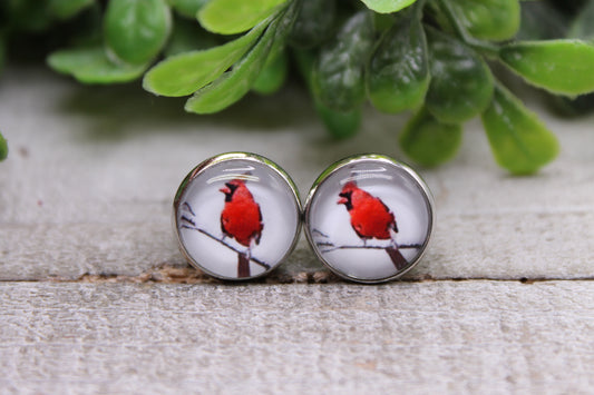 Cardinal on a Branch || 12mm Glass Stud Earrings || Hypoallergenic