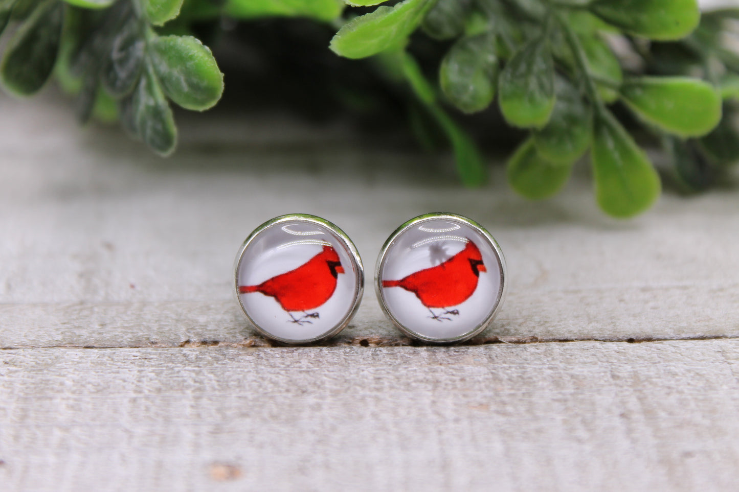 Cardinal || 12mm Glass Stud Earrings || Hypoallergenic