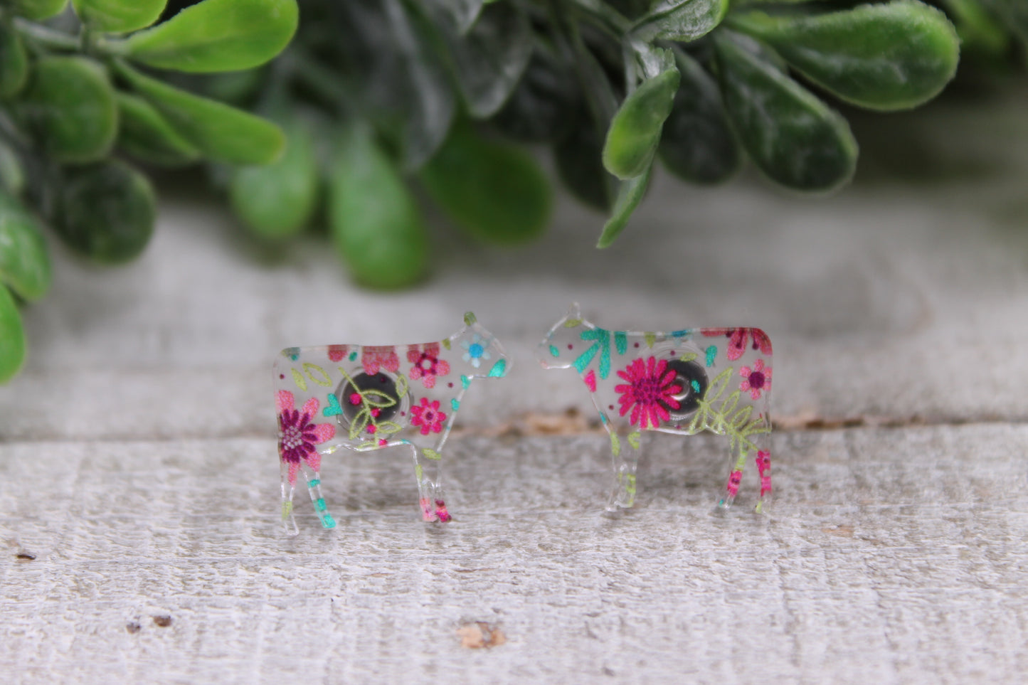 Floral Cow || 12mm Glass Stud Earrings || Hypoallergenic