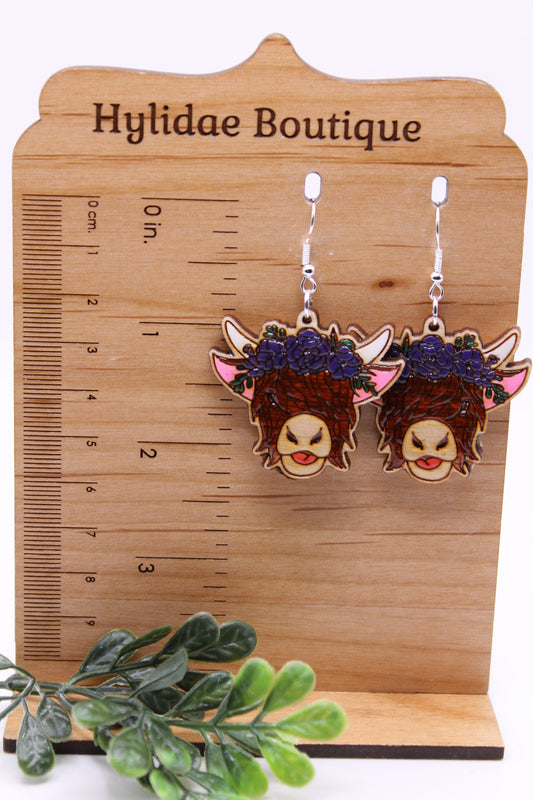 Floral Crown Highland Cow || Dangle Earrings