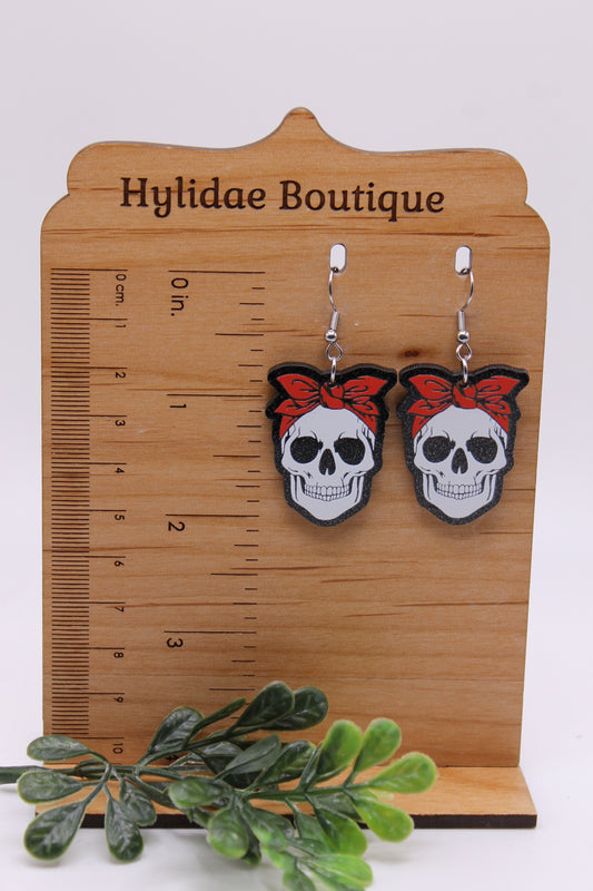 Skull with Red Headband • Dangle Earrings