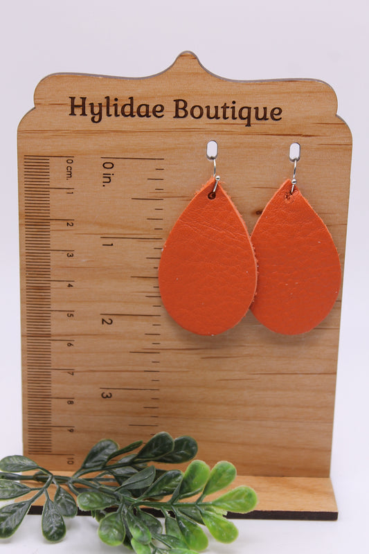 Orange Matte Teardrop || Genuine Leather || Dangle Earrings