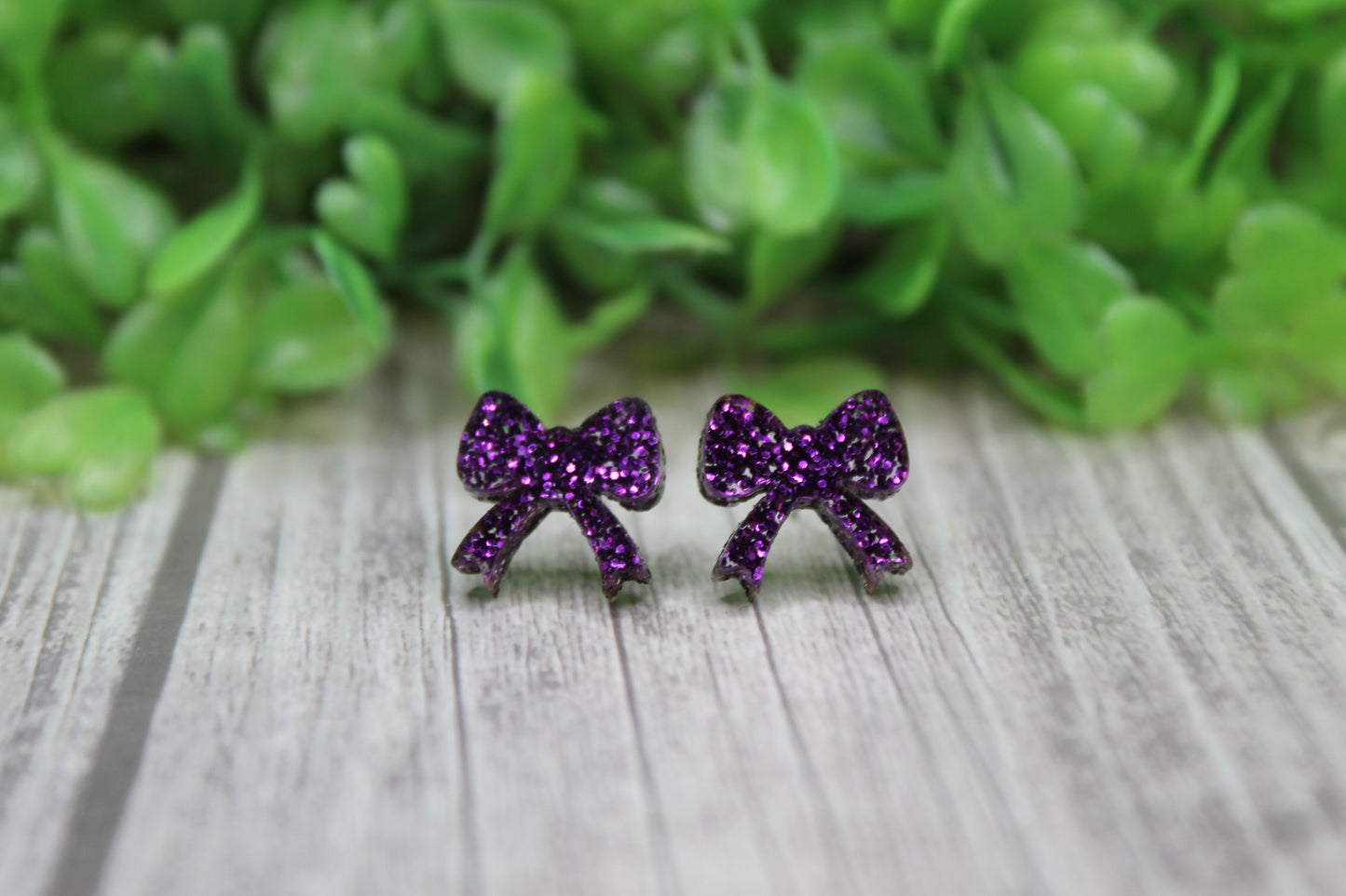 Purple Glitter Bow Stud Earrings