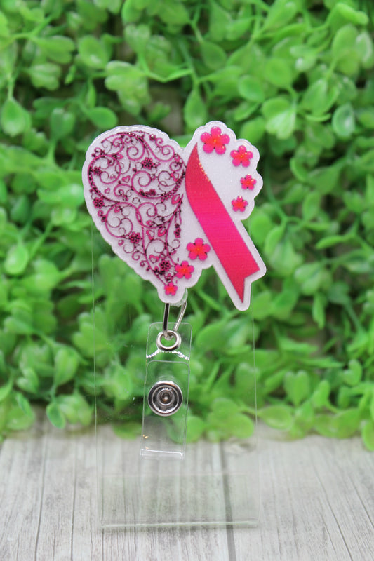 Floral Heart Pink Ribbon Breast Cancer Awareness Badge/ID Holder Reel