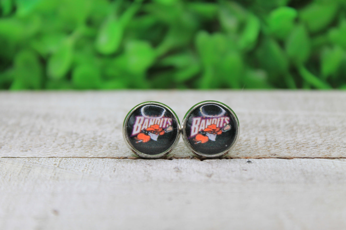 Bandits Lacrosse on Black Glass Stud Earrings